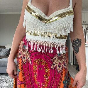 White and Gold Fringe Corset Crop Top